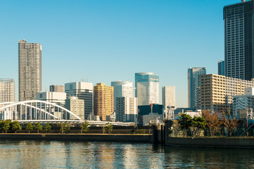 Fototapeta premium Widok na panoramę tokio z błękitnym niebem