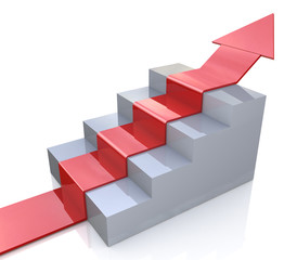 3D arrow climbing up over a staircase