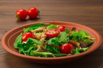 Fresh salad with chicken breast, arugula and tomato.