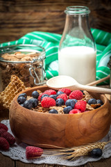 Tasty breakfast with cereal and frut.