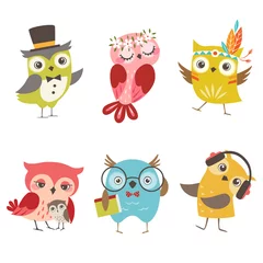 Wall murals Owl Cartoons Set of cute owls isolated on white background
