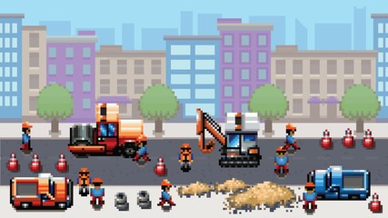 road works - pixel art scene video game style vector layer - 104011639