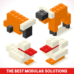 The Best Modular Solutions Isometric Basic Farm Animals Collection Cow and Duck Plastic blocks Toy Blocks and Tiles Set. HD Quality and Bright Vector Illustration or Web apps Web Module Brick