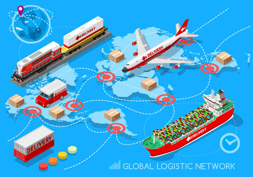 Global Logistic Isometric Vehicle Infographic. Ship Cargo Truck Van Logistics Service. Import Export Chain. Ensured Deliveries Drawing. Distribute Objects Shipment Vector. Fast Delivery Shipping