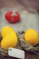 Obraz na płótnie Canvas Easter eggs in nest on rustic background 