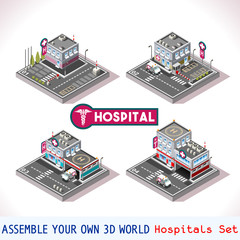 Obraz premium City Hospital Buildings and Landmarks. Game Tile Collection Clinic Medical Isometric Vector Icon. 3d Urban Map medicine Elements Icon Set. Industry. Parking Rescue Security Patient Ambulance Transport