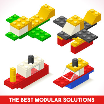 The Best Modular Solutions Isometric Basic Vehicle Ship Airplane Collection. 3D Plastic Toy Blocks & Tiles Set Vector Illustration icon for Web apps. Module Brick Vehicle