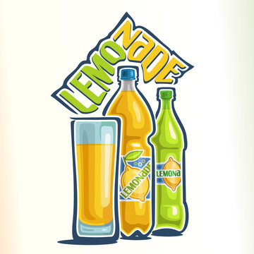 Vector illustration on the theme of the logo for lemonade, consisting of a glass cup filled with lemonade, yellow plastic bottle and a green glass bottle