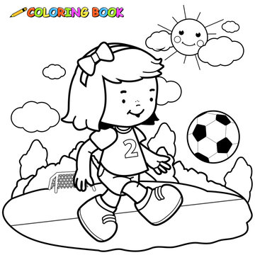 Little girl playing soccer. Vector black and white coloring page.