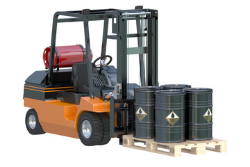 Forklift truck with oil barrels