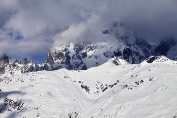 Mount Ushba in haze at sunny day