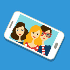 Friend selfie photo. Group of young people. Flat people design. Vector.