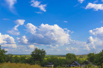 Summer landscape with green grass and clouds