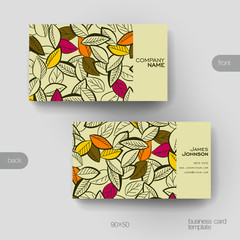 Business card vector template with autumn leaf ornament background