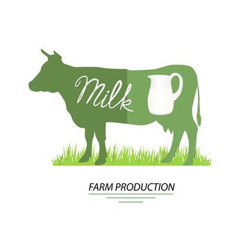 Illustration of cow. Milk and farm production, vector.
