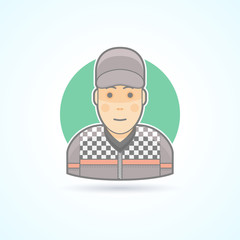 Car racer, bolide pilot  icon. Avatar and person illustration. Flat colored outlined style.