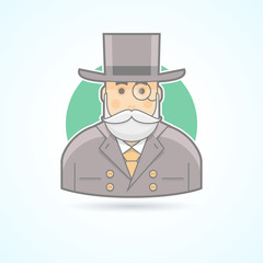 Richman, wealthy old man, banker, money agent icon. Avatar and person illustration. Flat colored outlined style.