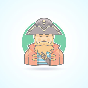 Pirate, buccaneer,sea dog icon. Avatar and person illustration. Flat colored outlined style.