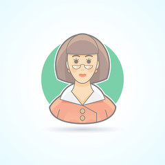 School teacher, elegant woman icon. Avatar and person illustration. Flat colored outlined style.