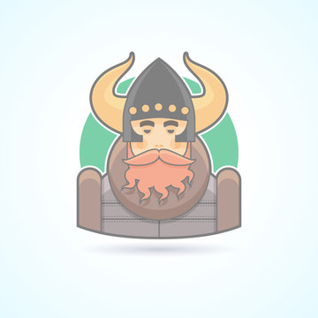 recommend clip art: Viking, sea king, scandinavian man icon. Avatar and person illustration. Flat colored outlined style.