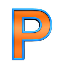 One letter from orange glass with blue frame alphabet set, isolated on white. Computer generated 3D photo rendering.