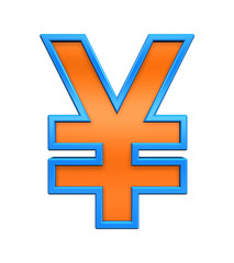 Yen sign from orange glass with blue frame alphabet set, isolated on white. Computer generated 3D photo rendering.