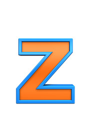 One lower case letter from orange glass with blue frame alphabet set, isolated on white. Computer generated 3D photo rendering.