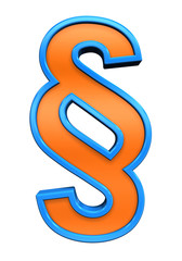 Paragraph sign from orange glass with blue frame alphabet set, isolated on white. Computer generated 3D photo rendering.