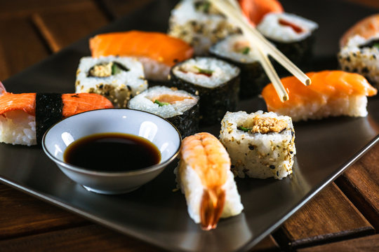Japanese Food. Sushi and Chopsticks  