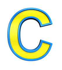 One letter from yellow glass with blue frame alphabet set, isolated on white. Computer generated 3D photo rendering.