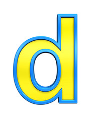 One lower case letter from yellow glass with blue frame alphabet set, isolated on white. Computer generated 3D photo rendering.