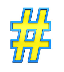 Obraz premium Number mark sign from yellow glass with blue frame alphabet set, isolated on white. Computer generated 3D photo rendering.