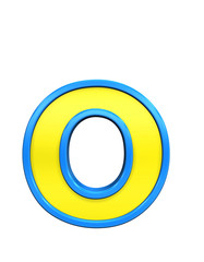 One lower case letter from yellow glass with blue frame alphabet set, isolated on white. Computer generated 3D photo rendering.