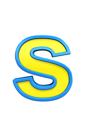 One lower case letter from yellow glass with blue frame alphabet set, isolated on white. Computer generated 3D photo rendering.