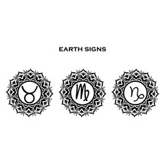 Zodiac symbols earth element mandala, Taurus, Virgo, Capricorn
