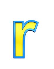 One lower case letter from yellow glass with blue frame alphabet set, isolated on white. Computer generated 3D photo rendering.