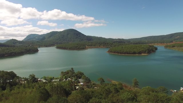 Aerial shot of lake in the Mountains Landscape. This shot was made in Vietnam on DJI phantom 3 pro