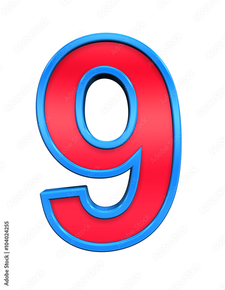 Fototapete one digit from red glass with blue frame alphabet set, isolated on white. computer generated 3d phot