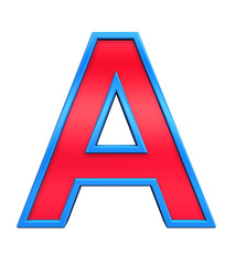 One letter from red glass with blue frame alphabet set, isolated on white. Computer generated 3D photo rendering.