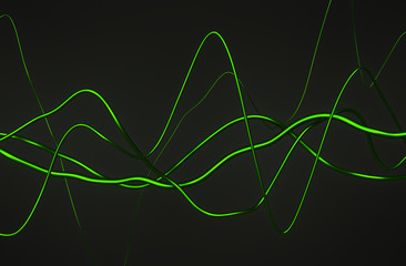 Abstract 3d rendering of glossy wavy lines. Dark background with surreal waves in empty space. Futuristic shape.