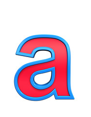 One lower case letter from red glass with blue frame alphabet set, isolated on white. Computer generated 3D photo rendering.
