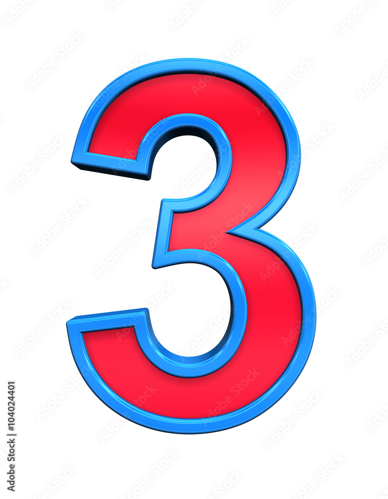 Fototapete one digit from red glass with blue frame alphabet set, isolated on white. computer generated 3d phot