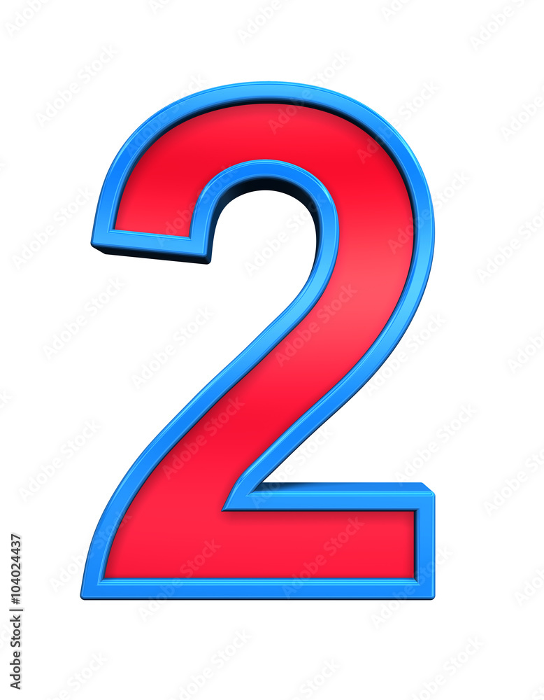 Fototapete one digit from red glass with blue frame alphabet set, isolated on white. computer generated 3d phot