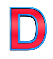 One letter from red glass with blue frame alphabet set, isolated on white. Computer generated 3D photo rendering.
