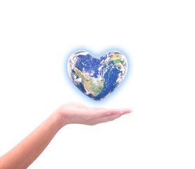 Blue planet in heart shape over woman human hands isolated on white background: World heart day idea symbolic concept campaign to promote health awareness: Elements of this image furnished by NASA