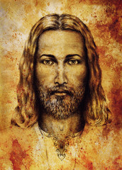 Fototapeta na wymiar pencils drawing of Jesus on vintage paper. with ornament on clothing. Old sepia structure paper. Eye contact. Spiritual concept.