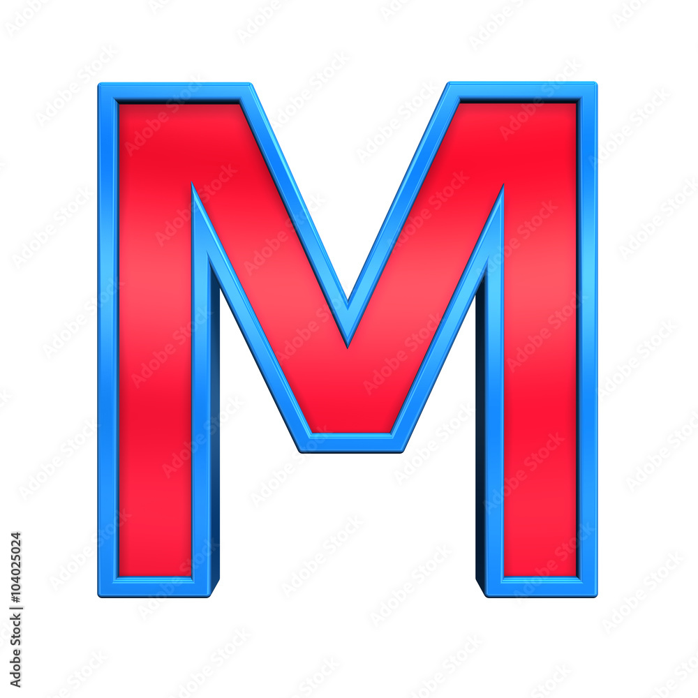 Fototapete one letter from red glass with blue frame alphabet set, isolated on white. computer generated 3d pho
