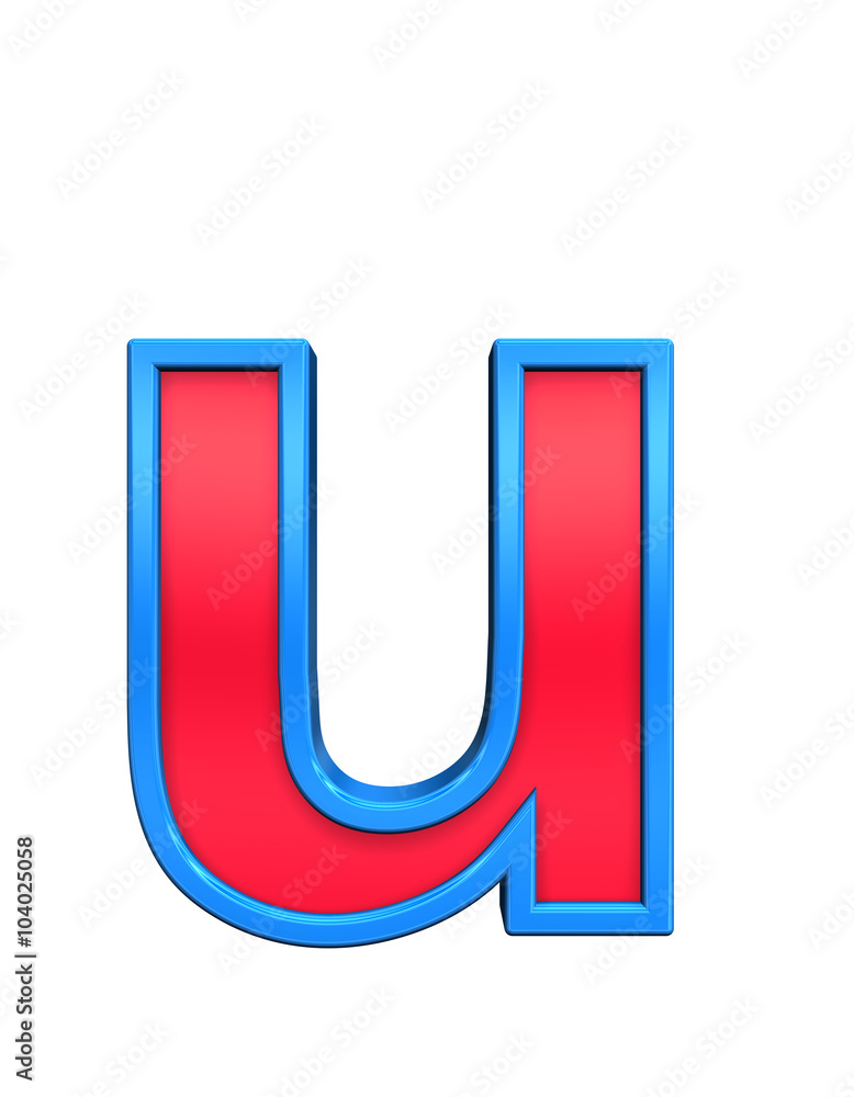 Fototapete one lower case letter from red glass with blue frame alphabet set, isolated on white. computer gener