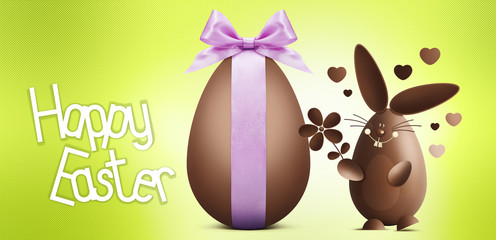 happy easter text with chocolate egg and rabbit isolated on green background