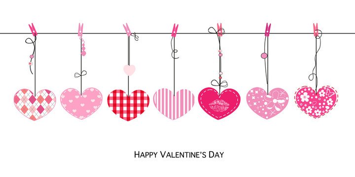 Happy Valentines Day card with hanging Love Valentines hearts vector